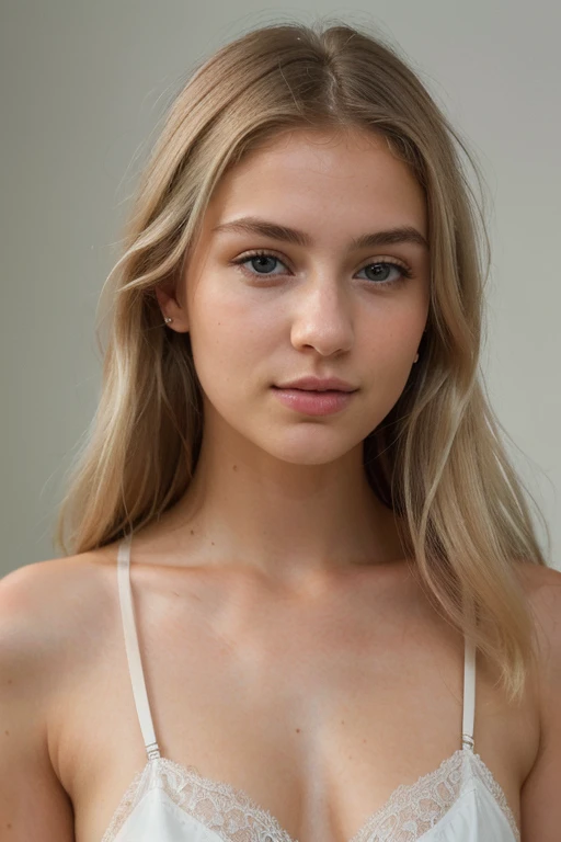 Femme blonde, 20 ans, européenne, sexy, cheveux long, yeux bleu, qui nous regarde de face, cheveux très lisse, visage dégager