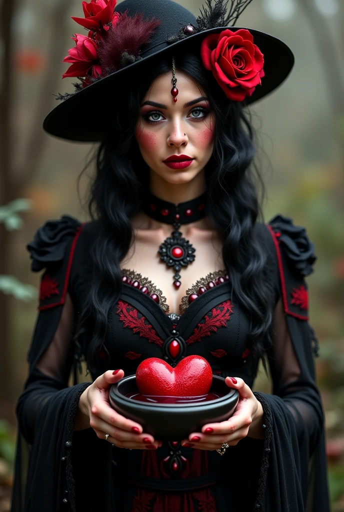 (8k, RAW photo, maximum quality), (An old one) (70 years old)++, (pale face)+, (cadaverous)+, (showing the mark of the bones, dark makeup), (((red dress)), ((black hair)) (necklace with a red rose) (jewelry), photo only of the face, close-up++, (detailed eyes: 0.8), (looking at the camera: 1.4), (maximum quality), (best shadow), intricate details, background with lights, night
