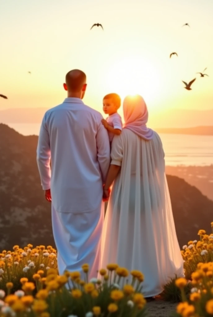 Husbend and muslim wife standing middle of a guarden full of sun flower holding a baby girl in their arm