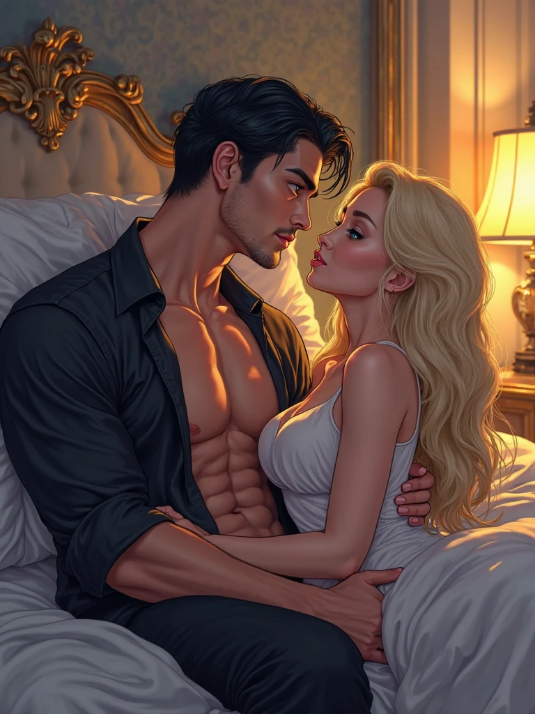 (Dove Cameron) at the bed  anime BIG boobs, she is lying at the bed while having sex with a handsome guy
