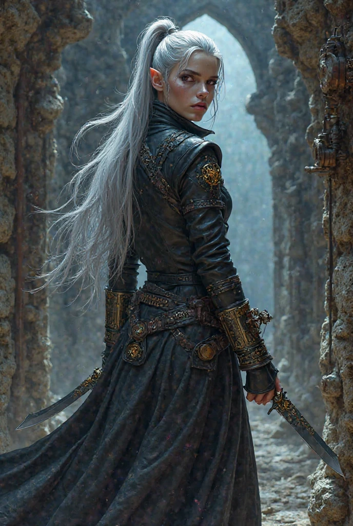 A French woman with long, braided silver hair, cool and loose gothic clothes, tall stature and a large black Katana with a slight shine