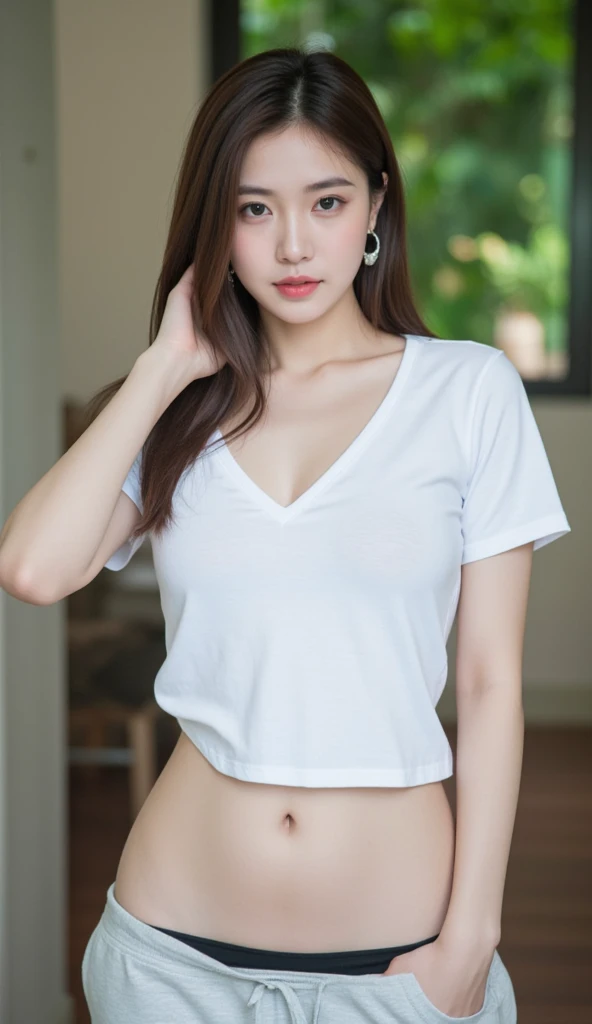 1girl, solo, long_hair, breasts, blue_eyes, large_breasts, shirt, black_hair, hair_ornament, jewelry, closed_mouth, upper_body, ponytail, short_sleeves, belt, pants, black_shirt, window, denim, curtains, jeans, shirt_tucked_in, white_belt