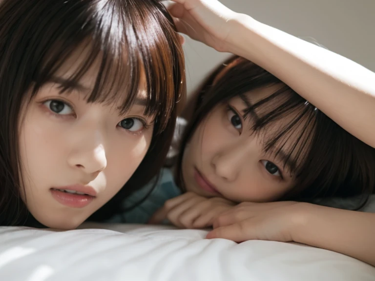 A man is leading two women on leashes、Japanese、Female on all fours、On the bed、Front Angle、looking at the camera、Women are close