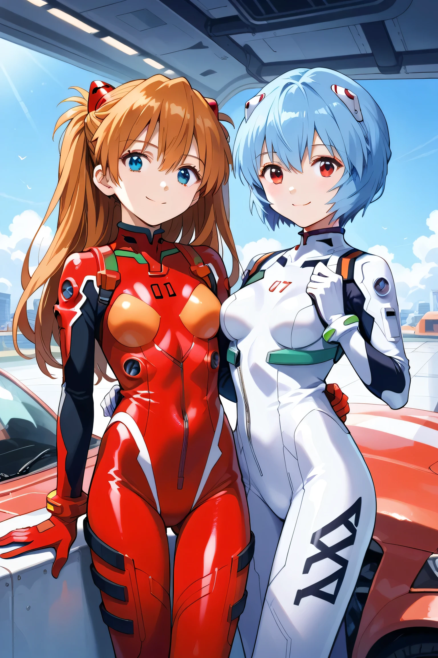 2girls,ayanami rei,plugsuit,souryuu asuka langley,blue hair,white bodysuit,red bodysuit,red eyes,short hair,blue eyes,interface headset,headphones,long hair,orange hair,smile,pilot suit,score_9,score_8_up,
