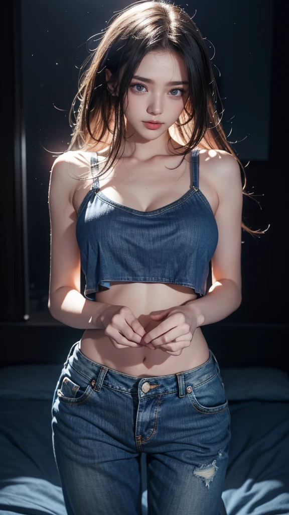 super high quality,8k,Gal,Sexy and feminine, High and cold,Fascinating,The head proportions are perfect,Grey high ponytail,Wear short tops, Torn denim shorts,Fiery red lips,Swan neck,choker,The sun is shining