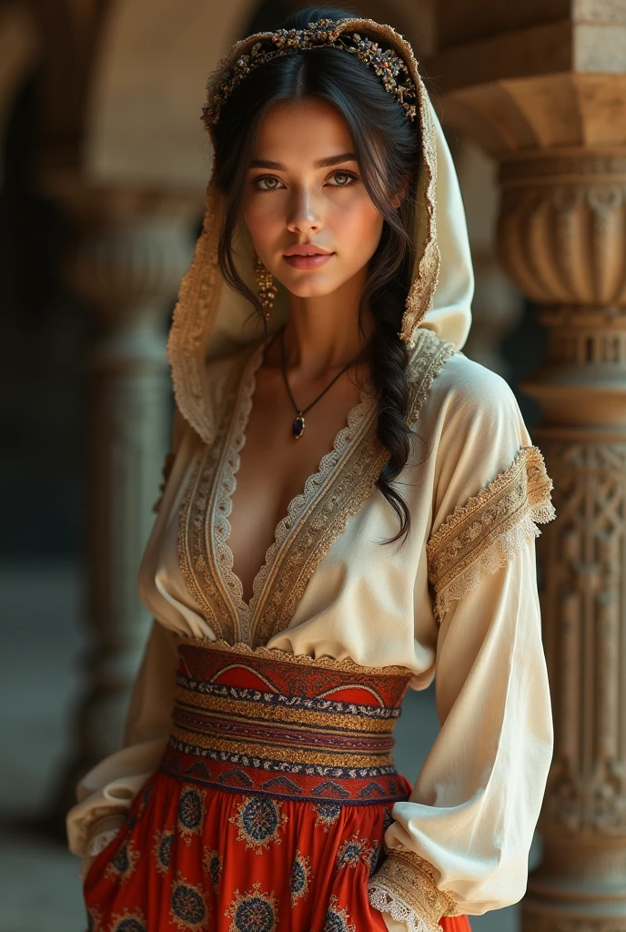 a gypsy girl with a white long-sleeved blouse and a long red skirt, and a cloth on the head 