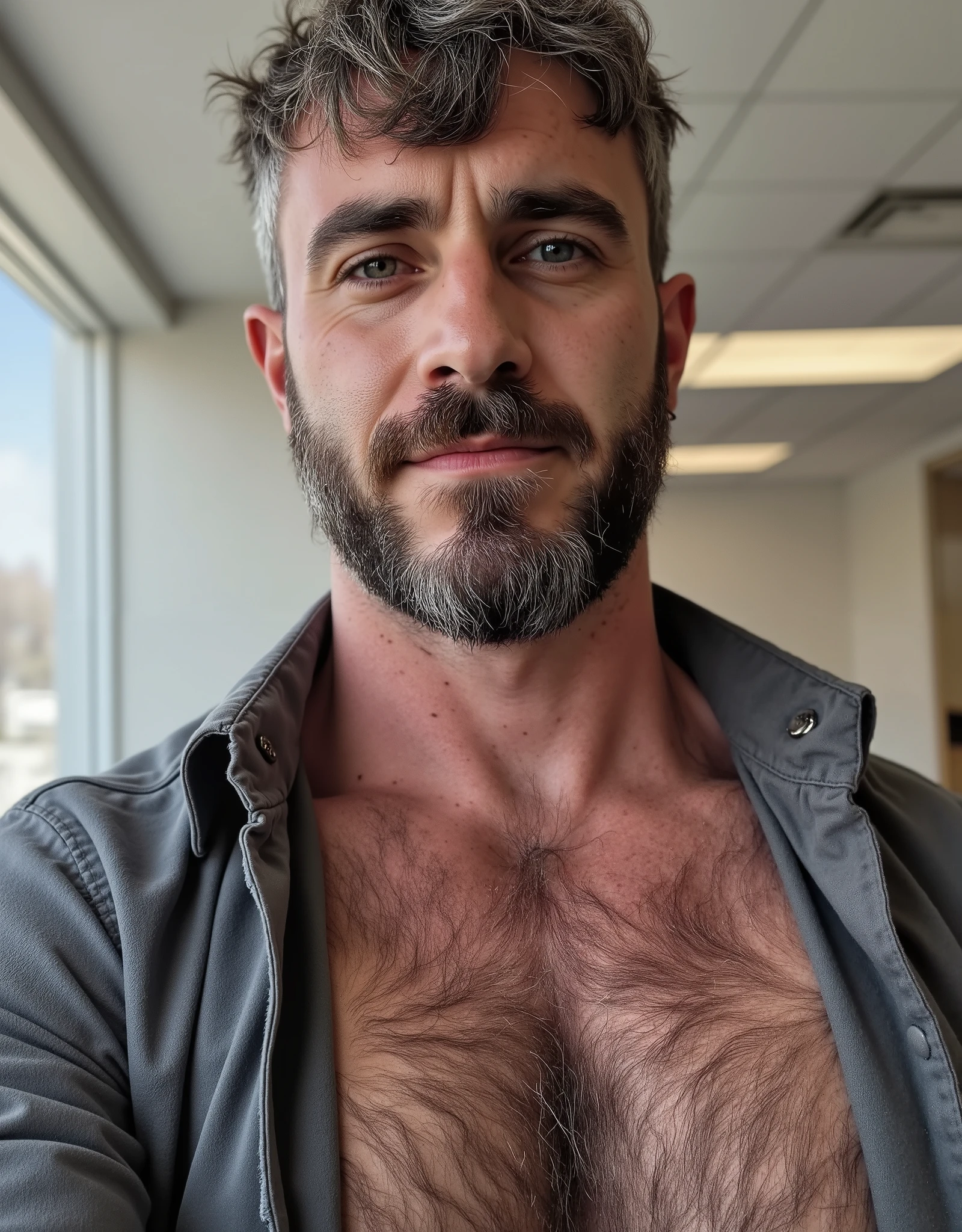 masterpiece, best quality, high resolution, closeup portrait, male focus, solo focus, full body view, full male body, hairy legs  hairy stomach,, A man, 35 years old, grey hair, in unbuttoned shirt, college professor,   hair, messy hairstyle, man showing his hairy armpits, standing up in a an empty classroom, cute and seductive face, bare chest, body hair, facial hair, pale skin, sun freckles, roman nose, very skinny body, hairy legs, cute, dimples, beard, very hairy armpits, bold jawline, submissive pose,, sweaty, in the background a classroom,  view from below, amazing composition, front view, HDR, ultra quality, elegant, highly detailed, perfect male genitalia, male scrotum, male genitalia correct uncut, uncut penis, foreskin