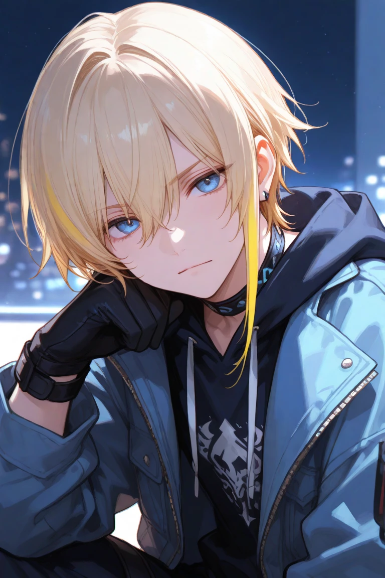 1boy, with blonde hair wearing white vest an iced out chain, grey shorts and a glowing key in his hand on a simple white plain background.