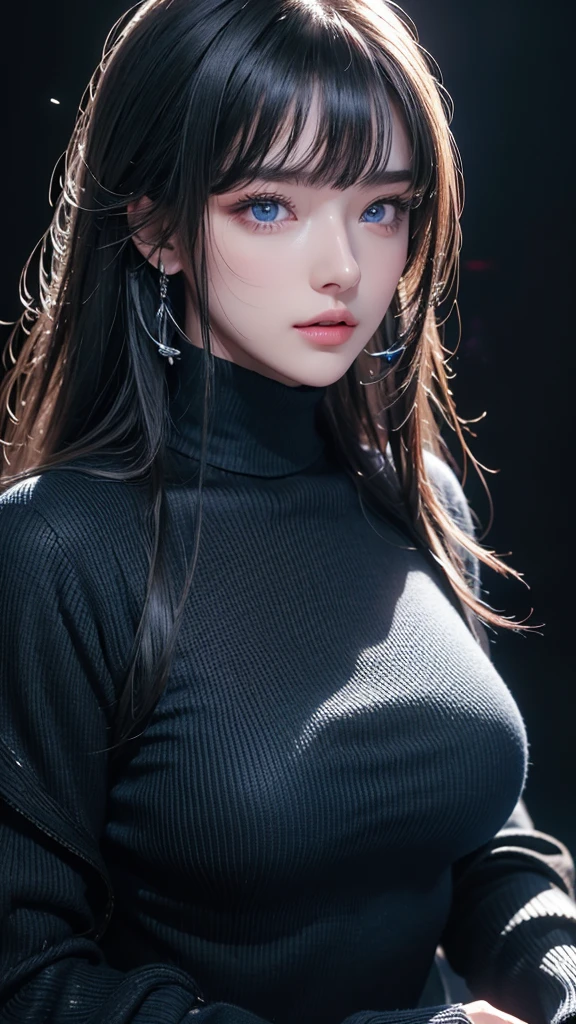 masterpiece, highest quality, Super detailed, Facing the camera, 複雑に詳細なSuper detailed, Realistic, Sharp features, Very detailed, Sharp focus, Perfect Face, Perfect Face, Perfect symmetrical perfect eyes, Perfect Plump Lips, Flexible female form, Cinematic, Film Light, Super detailed, hyper Realistic, masterpiece, Atmospheric, High resolution, Vibrant, Dynamic Studio Lighting, ((Dark Background)), The expression when enduring pleasure, Straight bangs, blue eyes,Black sweater, Cowboy Shot,The cleavage is visible、first round、Sexually aroused expression
