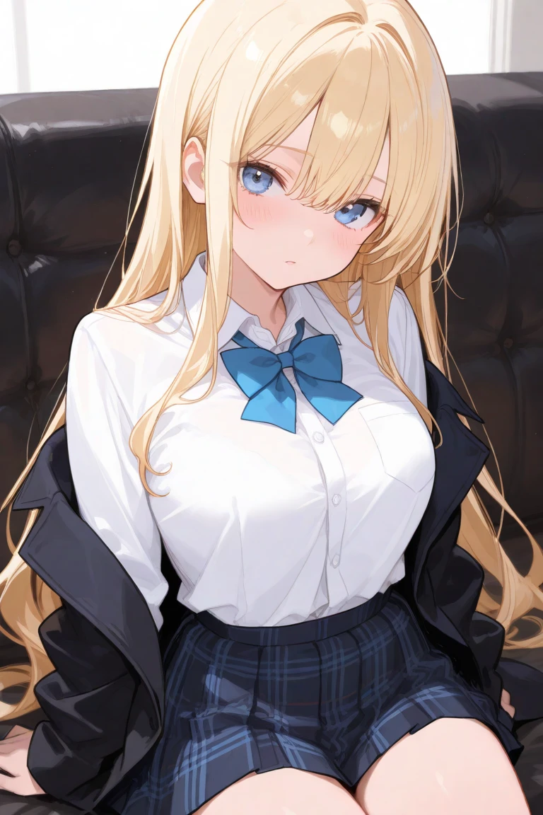 One high school girl、Blonde Hair、long hair、Unshaven:1.1、Eyebrows lowered、Three white eyes、Hosomi、Big Breasts、White Shirt、The chest is open、Checkered pleated skirt、Sweater on the waist、Sit on the floor、loose socks