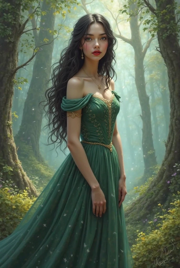 Brown elf witch with black curly hair and big black eyes wearing a green dress