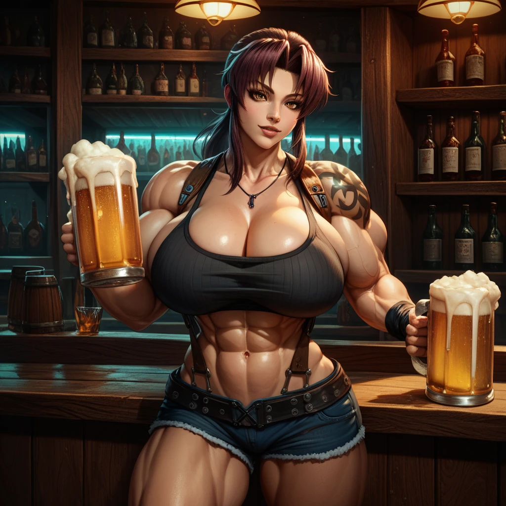 Woman in tight tank top and tight hot pants eating steak at an American food stall　highest quality　Beer to the table