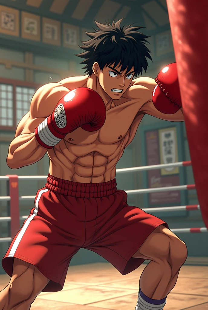 Japanese，18-year-old male，Six-pack，boxing，Ring corner，Sitting leaning back，Glaring，Sweating，front