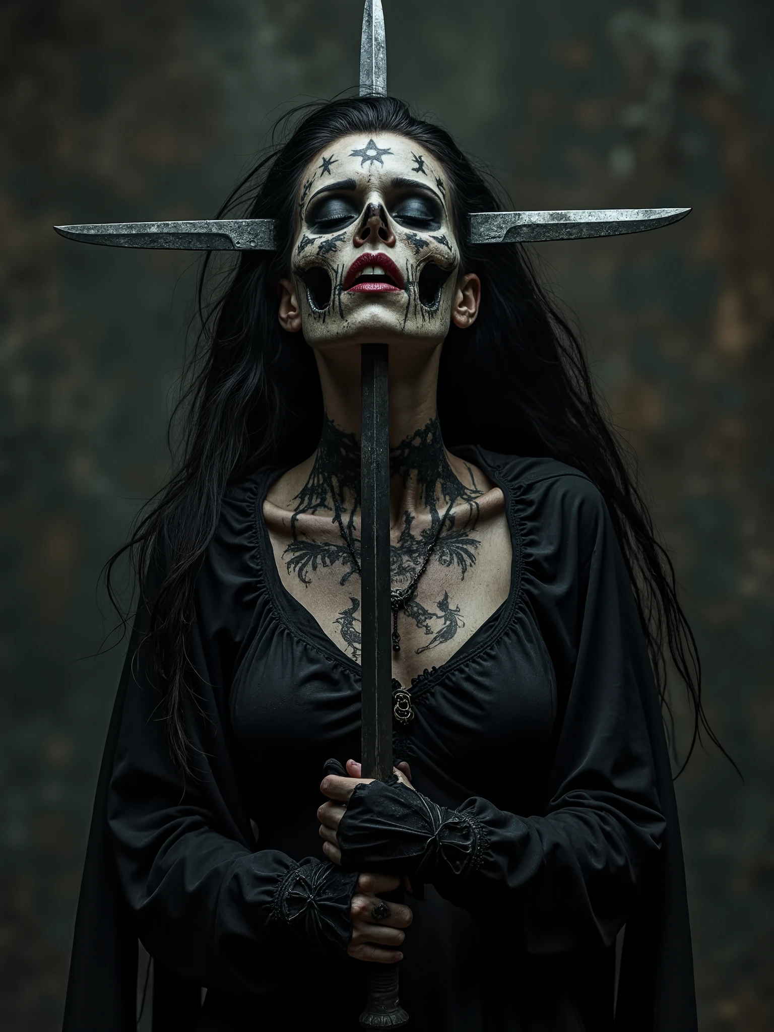 Occult satanic beautiful woman necromancer with a half skull face, lovecraftian dark art and sword stuck in her head trough the troath, holding two swords crossed with her hands, queen of swords and darkness,occult paint,dark makeup covered in Black good and rotting body,black metal Dark art, realistic melancholic photography, occult dark art surrealism,huge satanic symbols in a dark church background,find blowing the hair,leaned back with a open mouth in pain