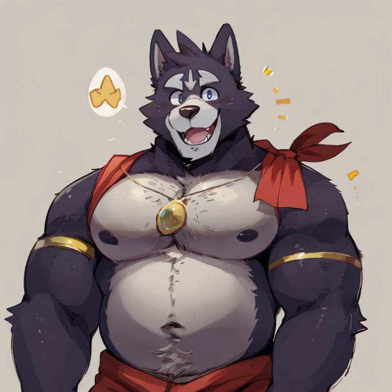 Solo, male (((retriever, muscular, white fur, white body, white fur, black eyebrows, black nose, blue eyes, folded ears, flustered expression, blush, ear piercing, ear ring, golden collar, gold cuffs, thin waist, underwear, big bulge))) standing, 5 fingers, tribal tent ((focus eyes, focus pupils, focus white body, focus white fur, focus 5 fingers, focus golden collar, focus underwear)) full body, perfect anatomy, adult character, by darkgem, by mystikfox61, by glitter trap boy