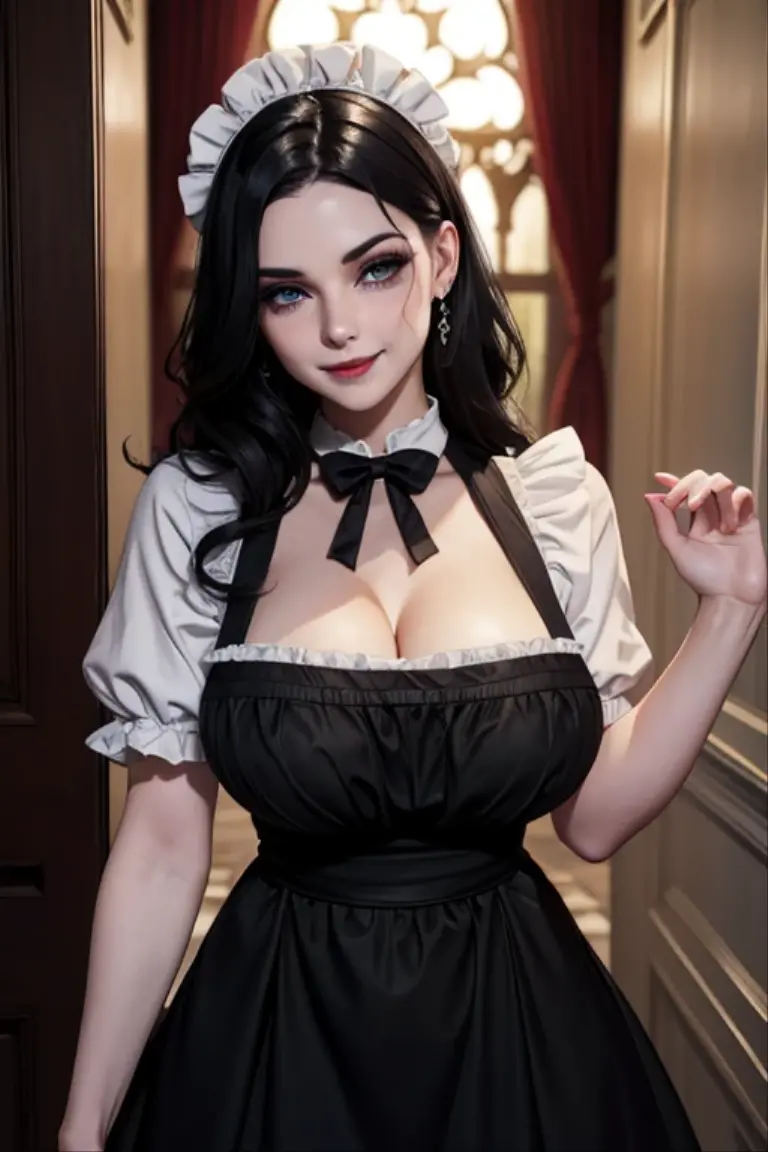 Beautiful gothic woman wavy black hair blue eyes firm body perfect breasts sexy maid dress white apron gothic makeup black lips blushing cheeks blushing charming smile 