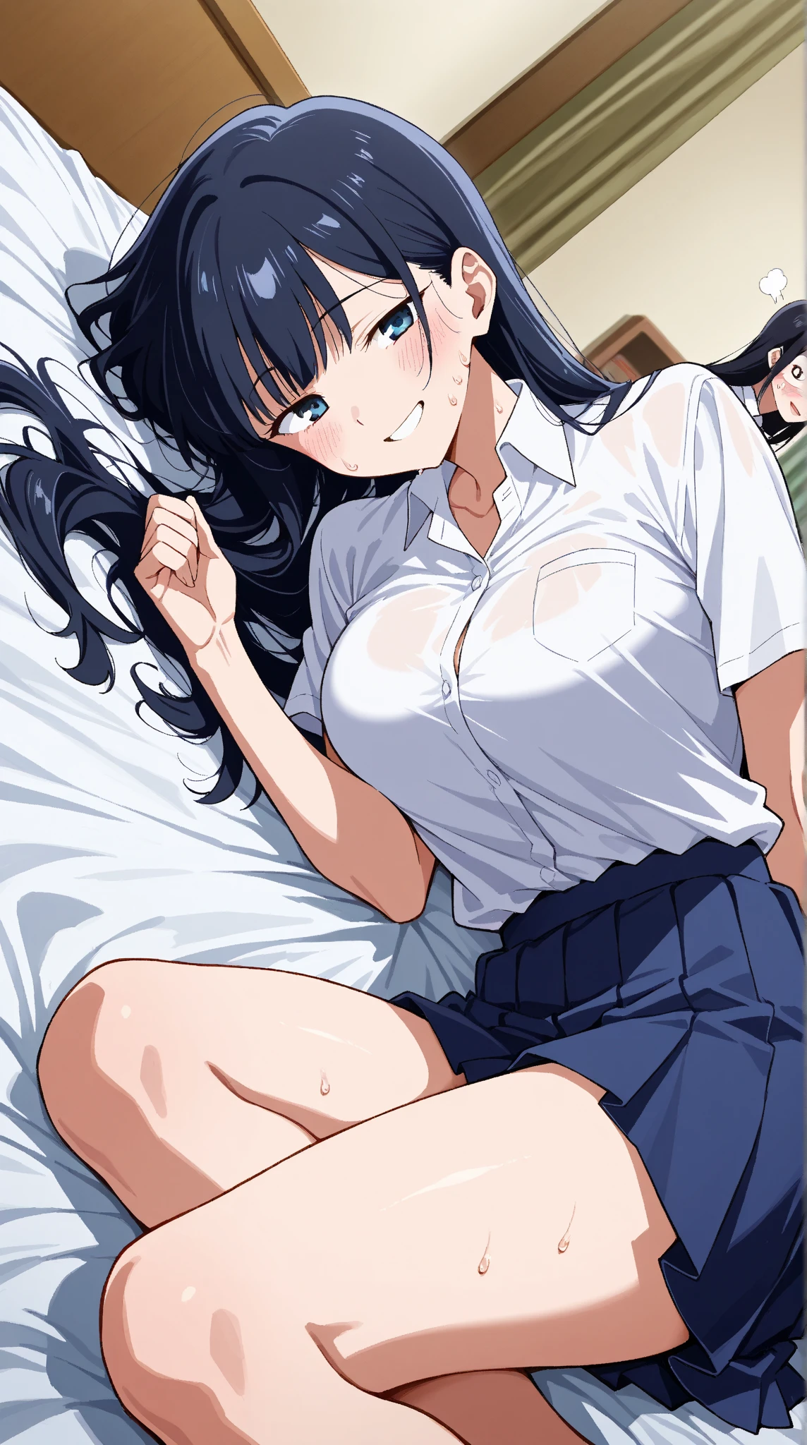 masterpiece, best quality, (anime screencap:1.3),(illustration), cute,(simple:1), (anime:1.2),solo, sharp, focus, 1girl, cleavage,looking at viewer, japan, missionary position, open mouth, black hair, ((black mini skirt)), show off breasts,breasts out, side ponytail, heart shaped pupils, hentai, (filled with sperm :1.3), (ass focus), small breasts, bottomless,(skirt lift:1.3) ,nsfw