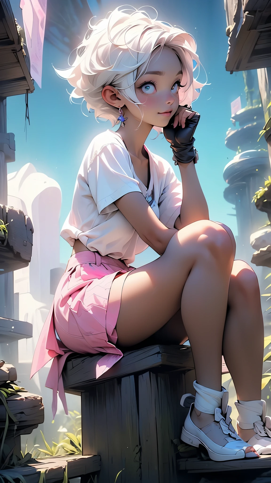 Highest quality, perfect masterpiece, perfect art, 8K, (young and energetic girl, tennis, wearing pink-blue-red color-block sneakers, urban tennis style dressing, top is clean babes white T-shirt, light blue pleated skirt, socks with white as the main color pink stripes, with tennis rackets, the environment is a tennis court; The weather is clear and cloudy; The overall color tone is bright; thick coating style; , delicate face, white hair girl, (white hair: 1.3), medium and short hair, (black background: 1.3), pearl illusion, cyberpunk, fashion trends, 3s material, HD, detail performance, c4d, 3D, octane rendering, ray tracing, complex details, animated lighting, OCrenderer, 8k,