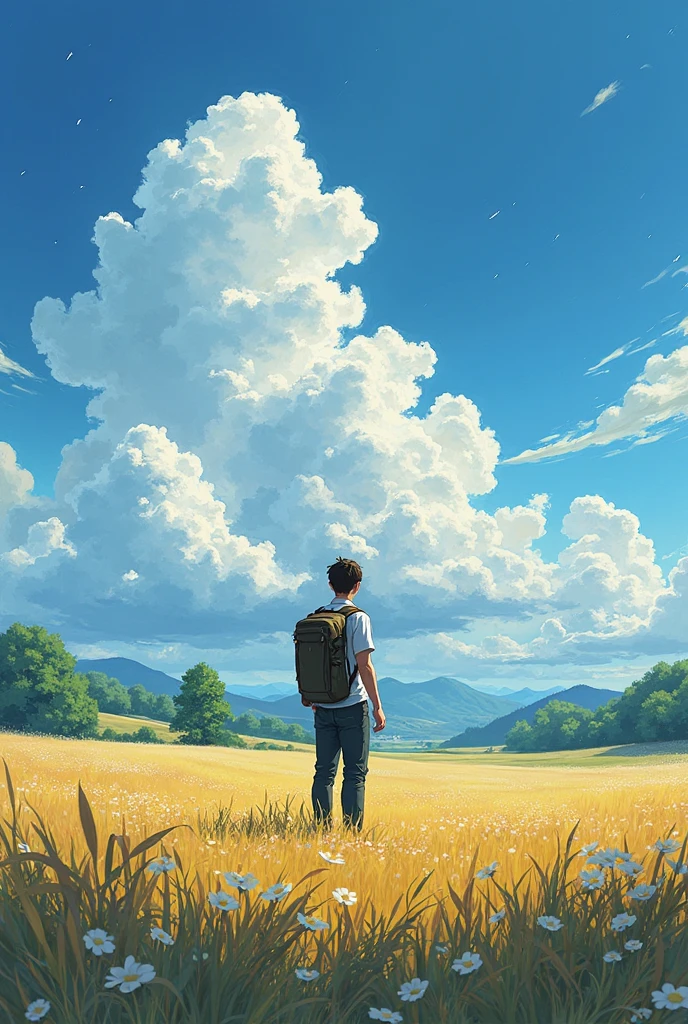 Anime scene of a man standing in a field with a backpack, makoto ...