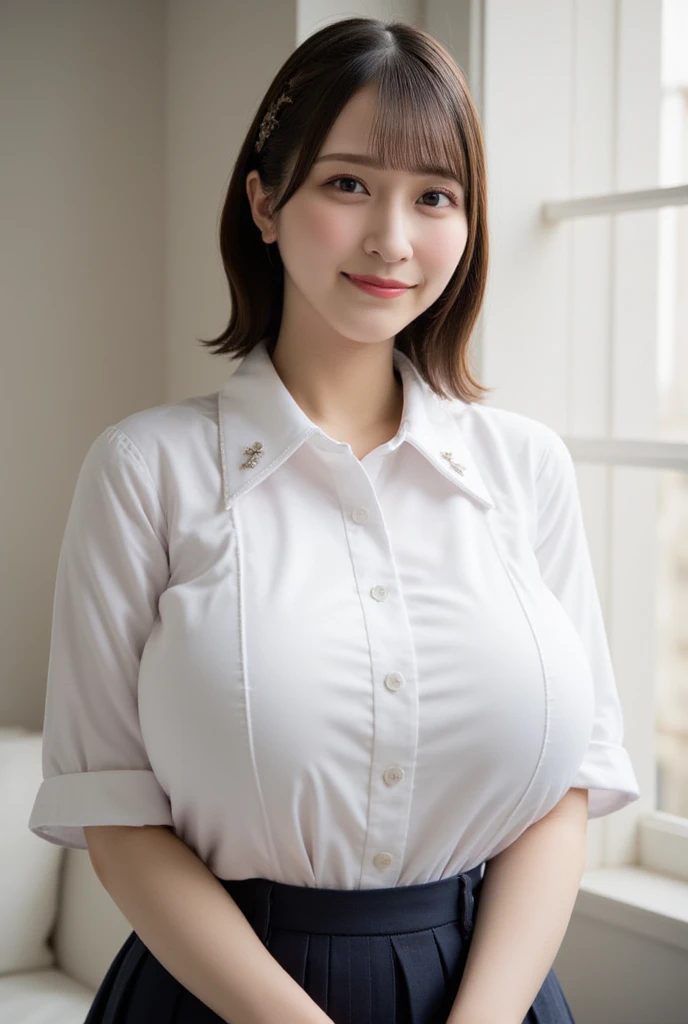 (Highest quality:1.5)、(masterpiece:1.5)、(8k:1.5)、(Big Breasts:1.35)、(Tight Business Shirt:1.5)、Long skirt、(Blushing:1.5)、(Feeling embarrassed:1.5)、(smile:1.5)、(The background is the hotel:1.7)、(whole body)、Hotel Bed、(Erect nipples:1.2)、(Chubby:1.5)