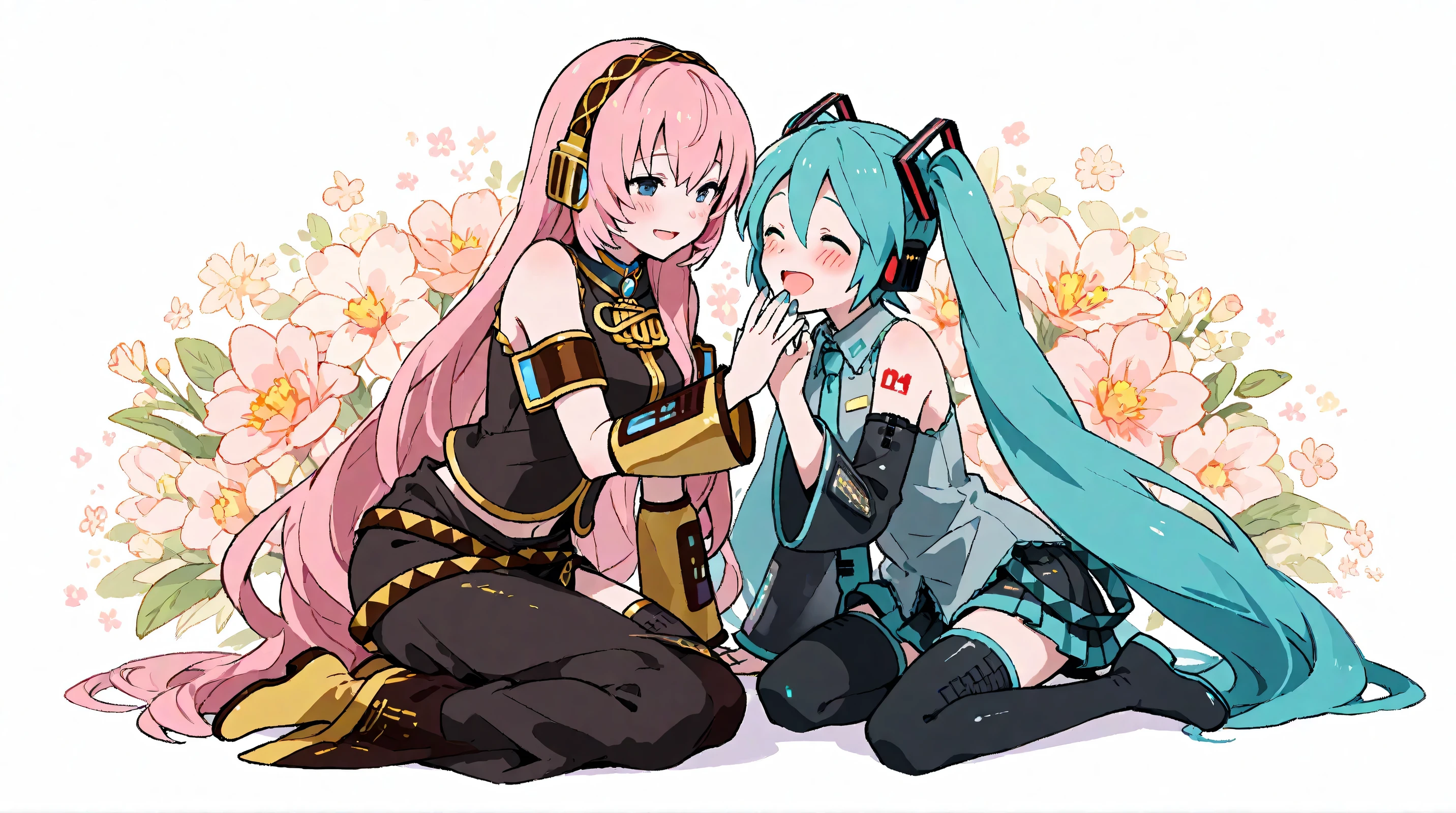 Megurine Luka,hatsune miku,high resolution, look, blush, smiles, open your mouth, Highest quality, floral background ,full body picture,2 girls,