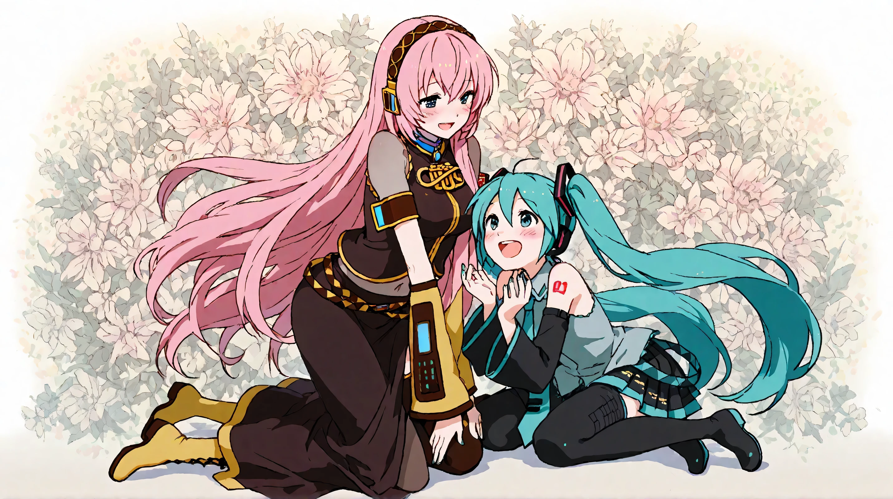 Megurine Luka,hatsune miku,high resolution, look, blush, smiles, open your mouth, Highest quality, floral background ,full body picture,2 girls,