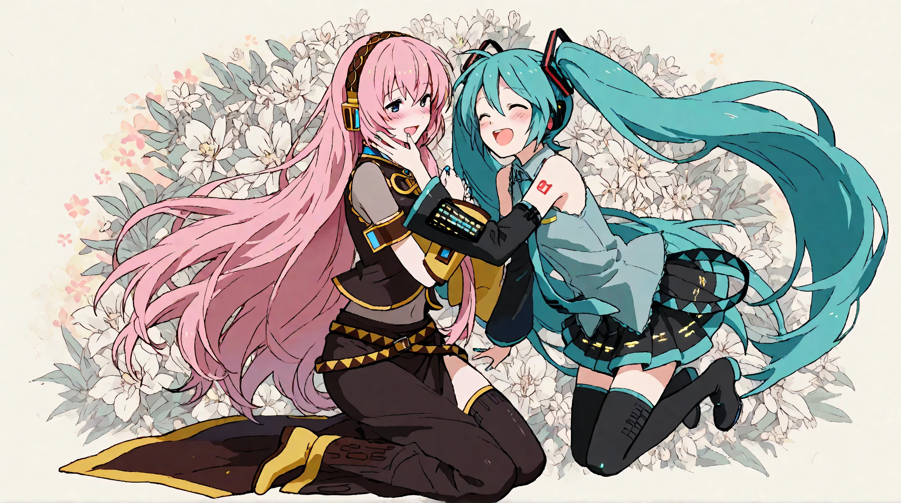 Megurine Luka,hatsune miku,high resolution, look, blush, smiles, open your mouth, Highest quality, floral background ,full body picture,2 girls,