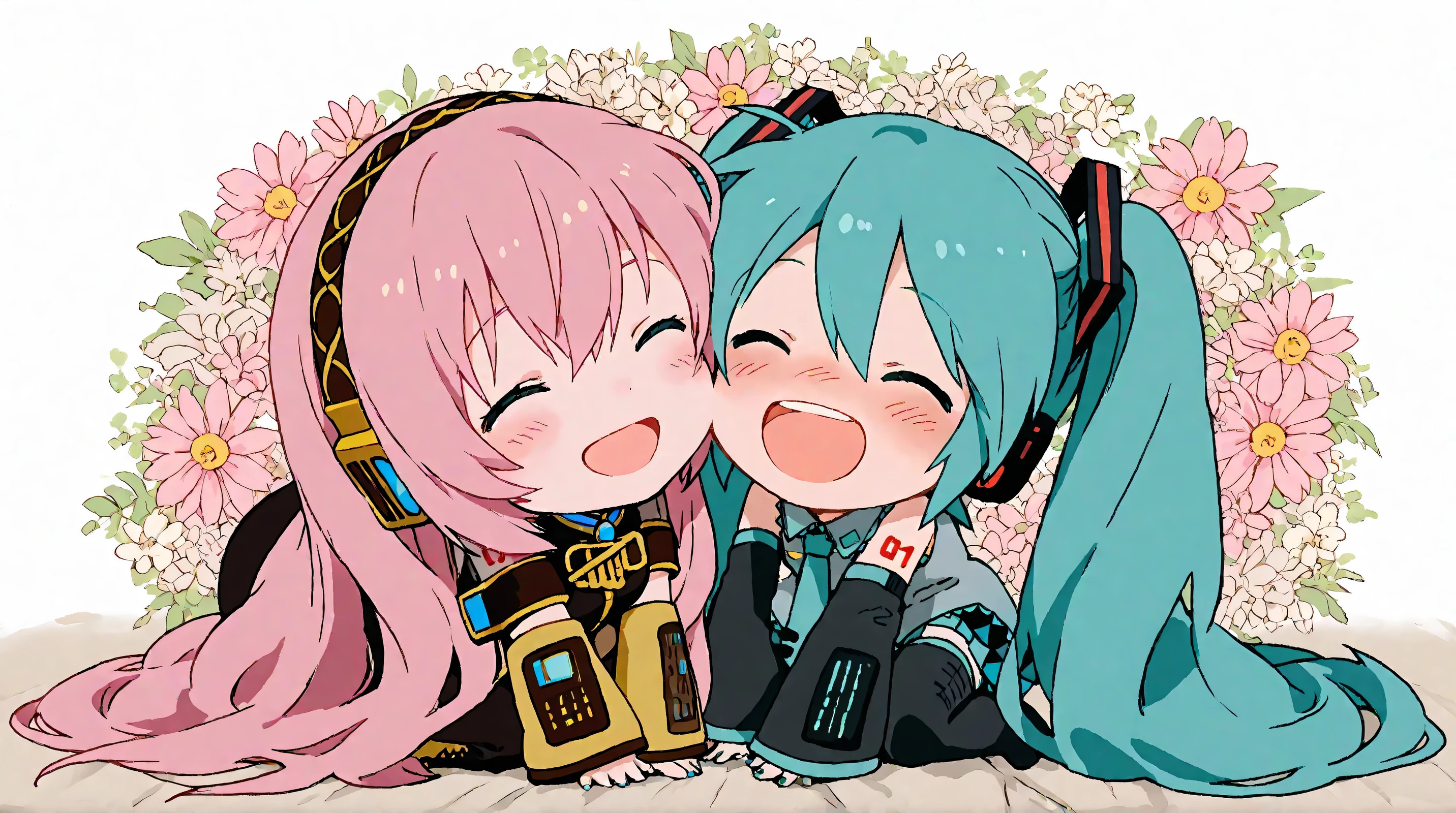 Megurine Luka,hatsune miku,high resolution, look, blush, smiles, open your mouth, best quality,  floral background ,full body picture,2 girls, 