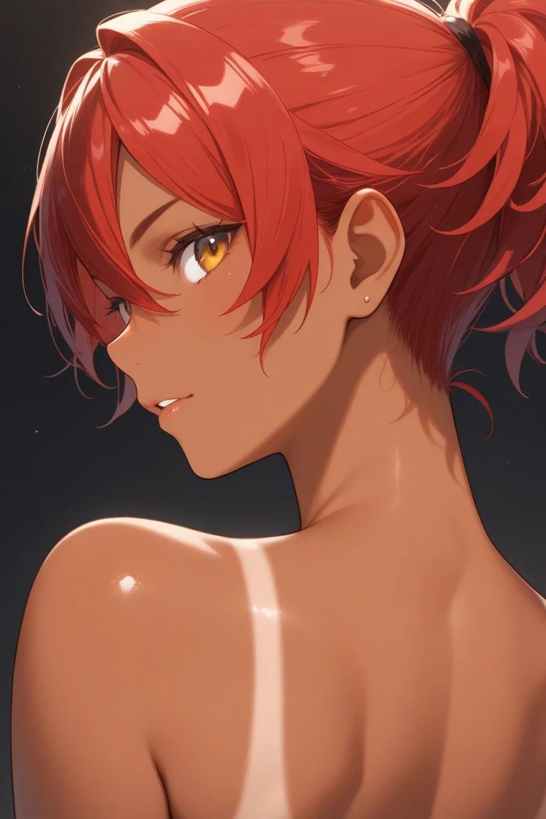 Red-haired dark-haired boy with honey-colored eyes, naked