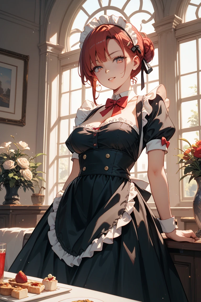 (masterpiece, best quality), 1girl, red hair, medium chest, gothic frill dress, pervert face,