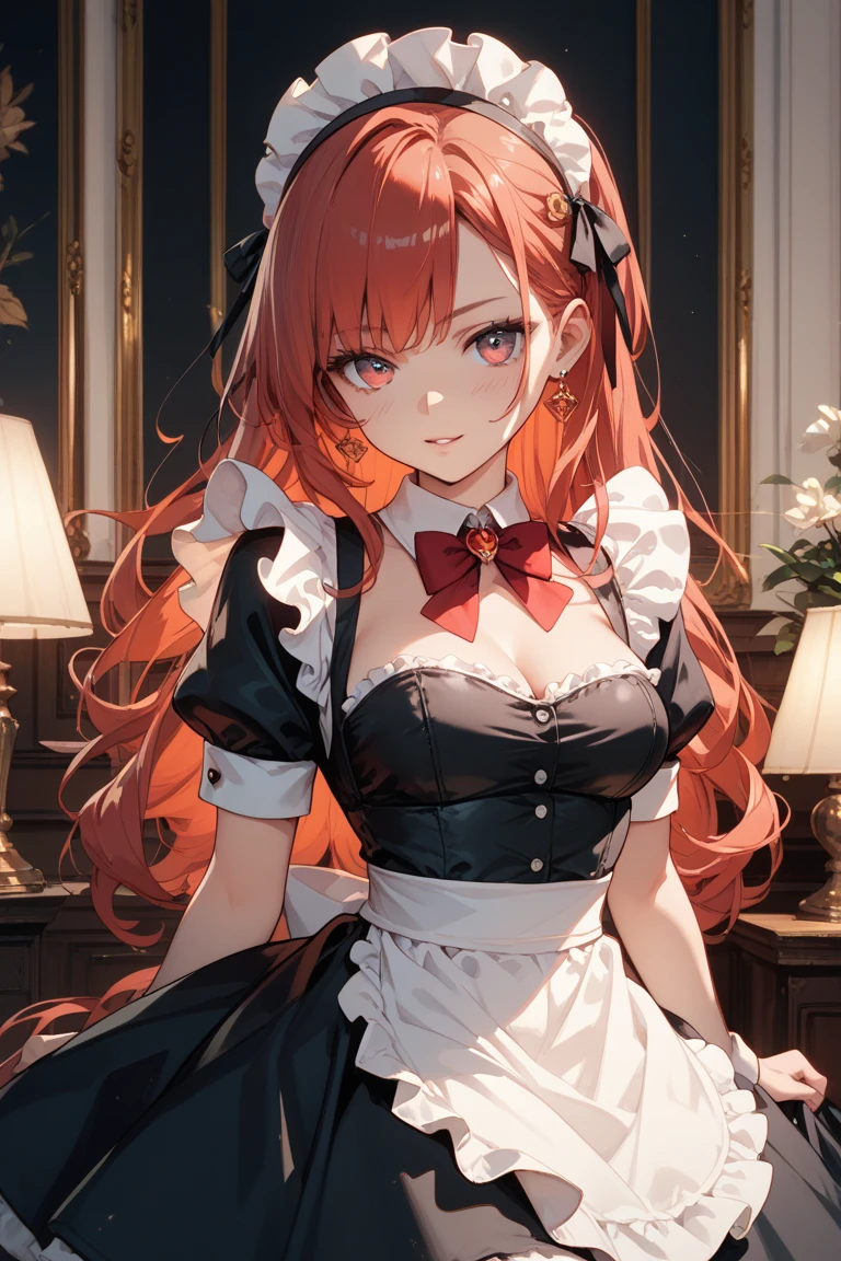 (Best quality, A high resolution, Textured skin, High quality, High details, High details,Extremely detailed CG unity), Enchanted，having fun，Being in love，housekeeper in fantasy world, crimson red hair, green eyes, exquisite costumes，solo person，long elegant dress, A small amount of lace，Dazzle, woman, beautiful, (maid), (house keeper), (in grand home), (luxurious house), house keeper female, more details, detailed home scene, home detailed, cleaning, maid cleaning