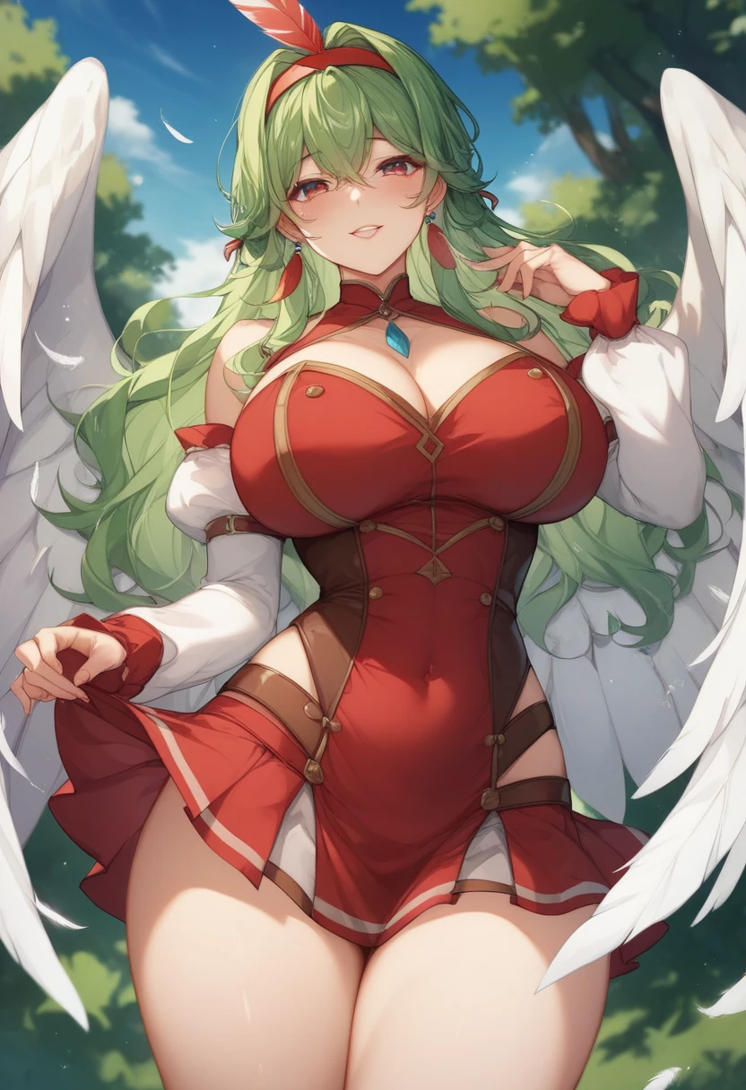 (Roana:1.2), (red eyes:1.1), full body, (green wings:1.1), standing, (holding a staff:1.2), (masterpiece), best quality, highres, 4K, 8K, detailed illustration, intricate detail, cinematic lighting, amazing quality, woman, (fit body:1.1), amazing shading, soft lighting, facing camera, perfect eyes, (detailed face and eyes:1.2), (perfect anatomy), (round breasts), (bubble butt), (wide hips:1.1), (slim waist:1.1), (thick thighs:1.1), (detailed background), (perfect nails:1.1), (detailed hand and finger:1.2), (medium breasts:1.2), (busty), (deep cleavage:1.2), (labia outline:1.3), (hard teat:1.3).