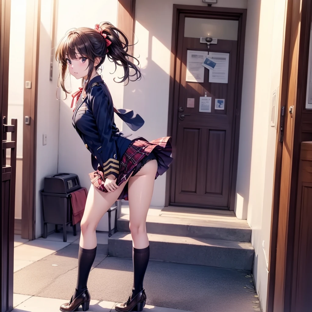 (((masterpiece, highest quality, High resolution, 超High resolution, Perfect Pixel, Depth of written boundary, 4K, RTTX 10.0, High resolution))), Beautiful Anime Woman, Beautiful art style, Anime characters, ((Long Hair, bangs, Dark brown hair, ponytail)), ((Smooth texture, Realistic texture, Anime CG Style)), Perfect body, (Slender body:1.2), Exact finger count、Exact number of legs、(Exact number of arms:1.0, Exact number of hands:1.0), Best Shadow, The best natural light, Cinematic, Realistic, highest quality, High resolution, Perfect lighting, Extremely detailed CG, (Perfect hands, Perfect Anatomy), Daytime lighting, whole body, (An adult woman climbing the stairs:1.4), (Brown Hair,)、Looking back, he is embarrassed, (Fashionable white shirt, Sailor collar, Knee-high socks, loafers, Navy pleated mini skirt:1.3)、((Rear view))、Angle from the rear, ((A strong wind blows up her skirt, exposing her panties:1.3), I hold the front of my skirt down with my hands, but the back flips up), ((Stylish shiny satin panties, Side-tie pink panties:1.3), (black lace trim:1.1)), (Beautiful and thin thighs、Beautiful little ass:1.3), Embarrassed expression, (Station stairs:1.3)