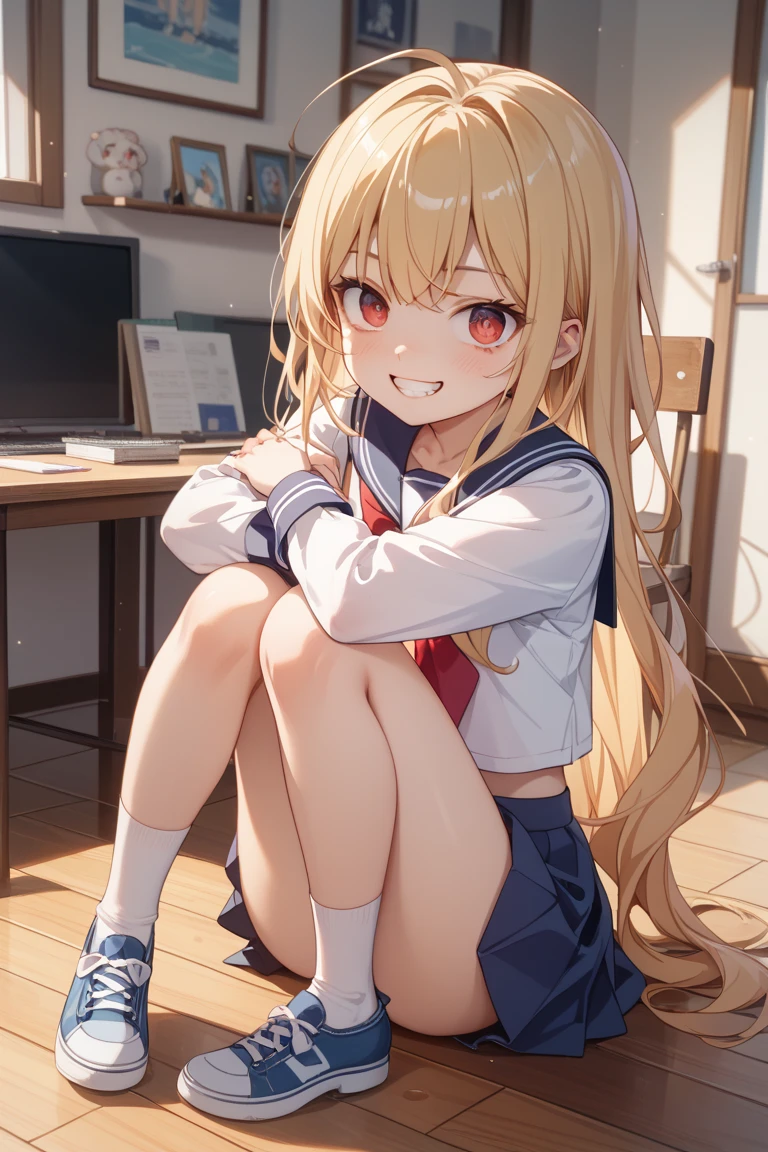 A Cup Gal Blonde Long twin tails Red ribbon at twin tails Purple eyes 1 person White blouse Navy blue tie Navy blue mini skirt White panties barefoot Sitting on the sofa Dynamic Angle Low Angle