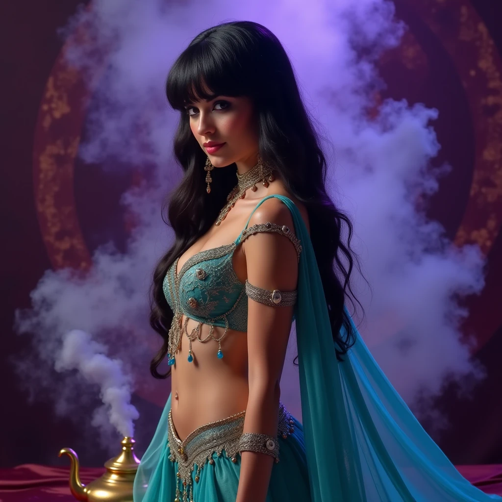 Close-up of a python in a green bikini top turning into a succubus, she is dressed as a belly dancer, Big chest,The expression is seductive and charming,Seductive,heavy makeups,Seduce men and eat them,Capture the, Salma Hayek as Witch, sexy movie photo, Belly dancing, Salma Hayek as Barbarian, Bra, waist - shot, fantasy movie still, Sexy, Aesthetic!!!!!! Female elf