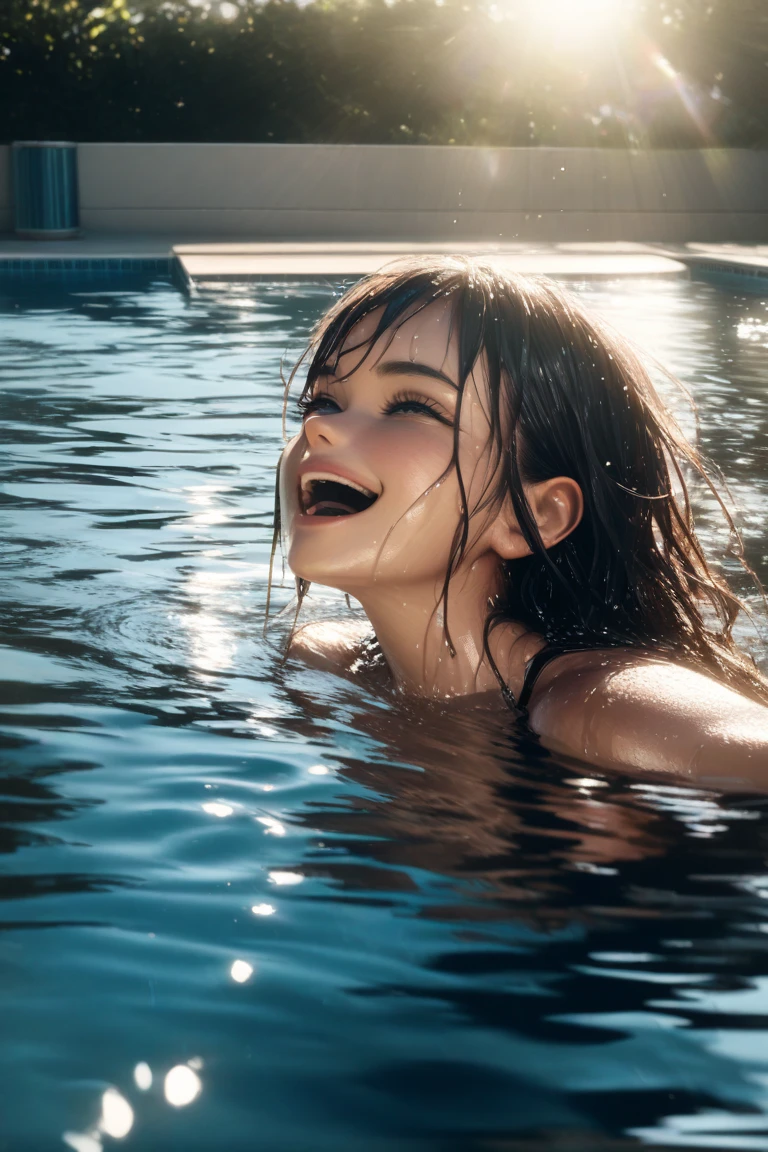 Cute 19 year old brunette girl in the pool, sexy body, wet, wet hair, naked, in the pool, smiling