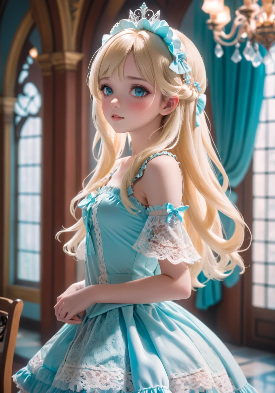highest quality, masterpiece, highest resolution, artwork, super それにget used to it, many get used to it, get used to it, それにget used to it, 3k realistic pictures,,((12 year old little girls)),Ultra-detailed juvenile face,ultra-detailed beautiful little girls,girls are princess,full length ball gown dress with hoop skirt,ruffled yoke collar,puff sleeves,long sleeve,((Lolita style light blue detailed princess satin dress with lots of ruffles and ribbons)),Rococo style lolita fashion,shiny satin dress,Soft and smooth fabric,detailed princess dress,luxury,long blonde hair,blue eyes,white skin european,Pajama,((in the bedroom of the palace)),luxury princess canopy king size pink bed,shiny satin sheets,ultra-detailed princess bed,High-quality background,lot of frilled pillows,on the bed,