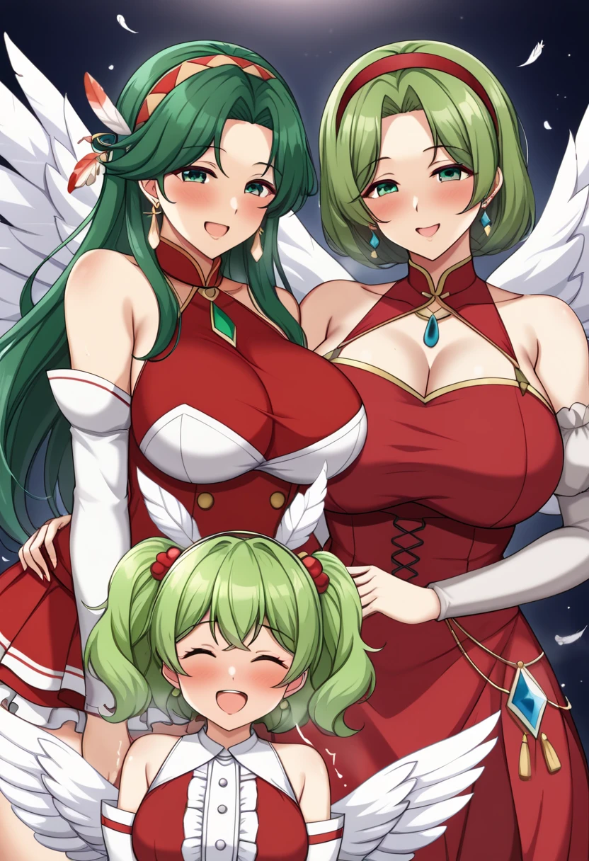 (masterpiece, best quality), best quality, (ultra-detailed), ((3heads:1.5)), 3heads, 1girl, (reiuji utsuho:1.3), masterpiece, best quality, ultra quality, ultra resolution, ultra detail, white top, crop top, ((stomach)), midriff, ((groin)), dark green skirt, normal ears, shackles, black hair, very long hair, wavy hair, sidelocks, red eyes, detailed eyes, beautiful eyes, parted lips, sweat, cute, toned belly, hand on own chest, eyelashes, (23 year old woman:1.3), (masterpiece:1.5), (best quality:1.5), (beautiful detailed), extremely detailed CG, extremely delicate and beautiful, depth of field, (finely detailed face), (perfect details:1.2), (mature female:1.3), wide pelvis, slender, large veiny breast, 16k resolution, highres, high quality, high definition, extremely detailed, masterpiece, best quality, black hair, long hair, alluring presence, braid, short skirt, close up, very big tits, huge breasts, smiling, young, green bow, hair bow, wings, midriff, nsfw, girl with three heads, three headed girl,