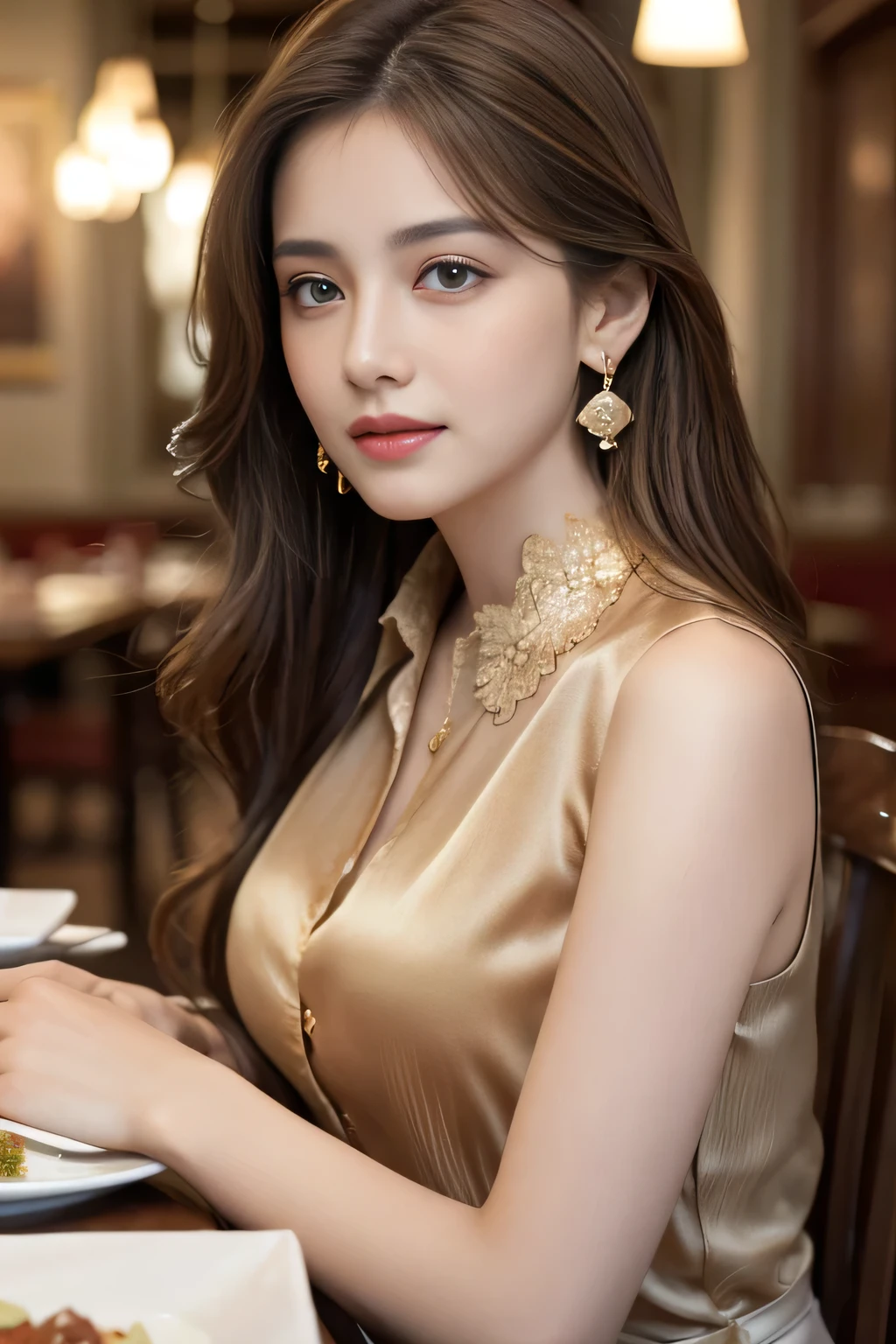 masterpiece, Highest quality, Realistic, Very detailed, Finer details, High resolution, 8k wallpaper, One beautiful woman, Wear a classy colorful silk shirt, In a great restaurant, At night, Light brown messy hair, Perfect dynamic composition, Beautiful and beautiful eyes、Big earrings、chest、Sleeveless shirt、
