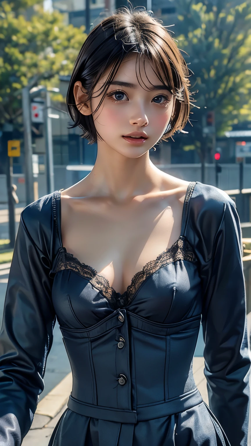 (8k, best quality, masterpiece:1.2), (realistic, photo-realistic:1.37), ultra-detailed, 1 girl, cute, solo, beautiful detailed sky, detailed cafe, night, sitting, dating, (nose blush), (smile:1.15), (closed mouth) small breasts, beautiful detailed eyes, (collared shirt:1.1), night, wet, business attire, rain, white lace, (short hair:1.2), floating hair NovaFrogStyle, topless,