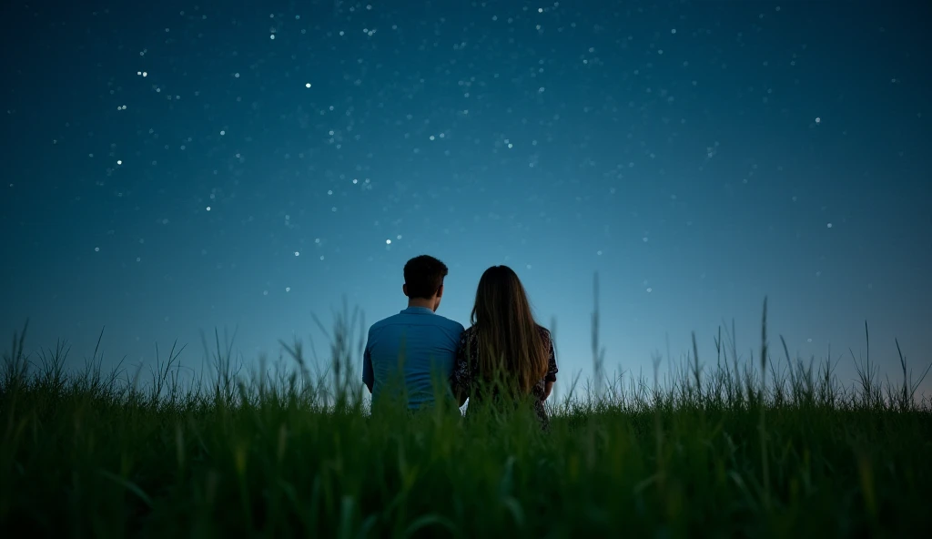 A biy is sitting under a tree and seeing the sky the sky has galaxy with beautiful stars and a girl is seeing the boy