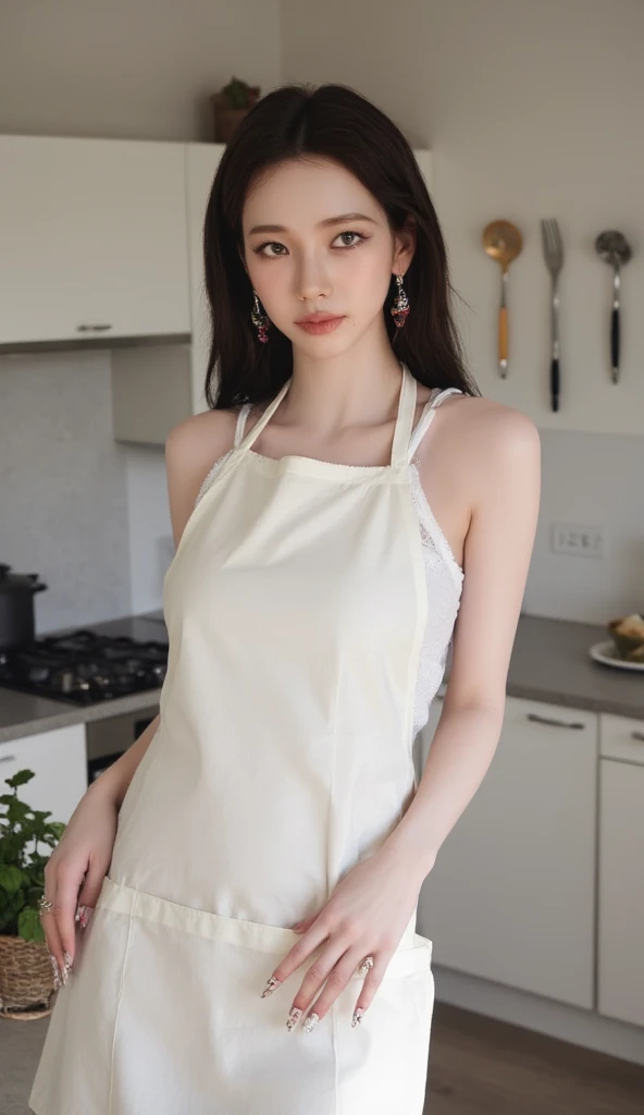(8k, RAW Photos, Highest quality, masterpiece: 1.2), Very detailed, Super Resolution, (Genuine, Genuine photos: 1.37), Portraiture, High-quality RAW color photos, Professional photos, Very detailedで美new, Very detailed, 8k壁紙, Amazing details, Large file size, Official Art, Very detailed CG Unity 8k壁紙, Very detailed beautiful girls, Very detailed facesHighly detailed eyes, Very fine skin, Very detailed fingers, Very small nose, Very detailed detailed mouth, Perfect Anatomy, Detailed Background, High Quality Clothing,20th Generation, cute girl, Genuineistic body, White skin, Glowing Skin, (Blunt bangs: 1.2), smile, cute, like々new, cute face, Genuineistic face, Delicate eyes, Saggy eyes, Earrings, necklace、Looking into the camera, Dynamic Lighting, C cup breasts,Small breasts、(Gorgeous nightclub background1.2)、(Dynamic Sexy Pose 2)、(Gorgeous Theme 2)、(With cleavage 2)、Touch your buttocks with both hands)、(((Very good、Naked Apron、Pastel yellow apron、Seduce me sexually、)))、Erect nipples