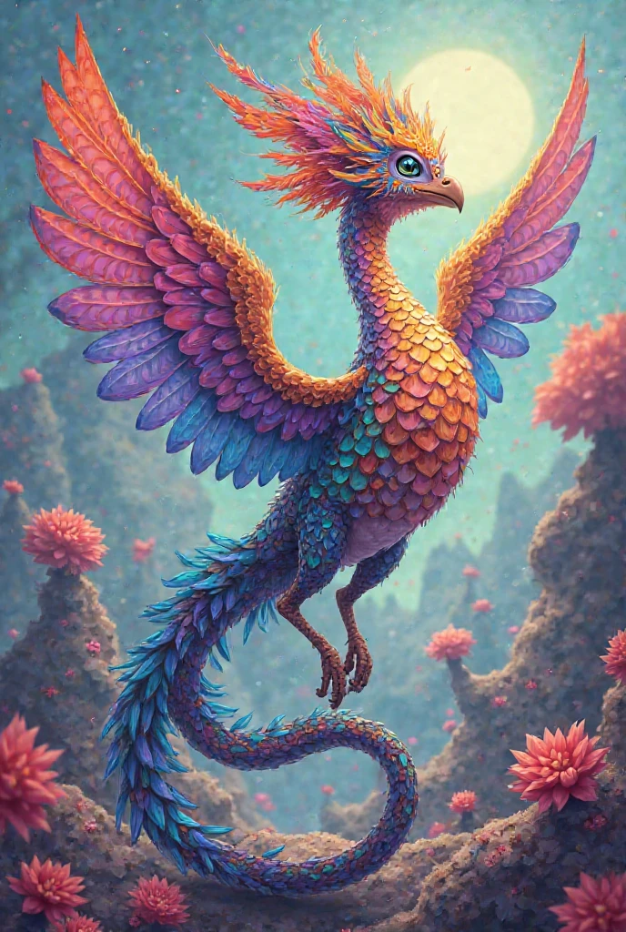 "Create an illustration of an imaginary animal alebrije formed from the mixture of several animals that can belong to any animal kingdom. They combine physiognomic elements of various animals, both real and imaginary, in a single being.