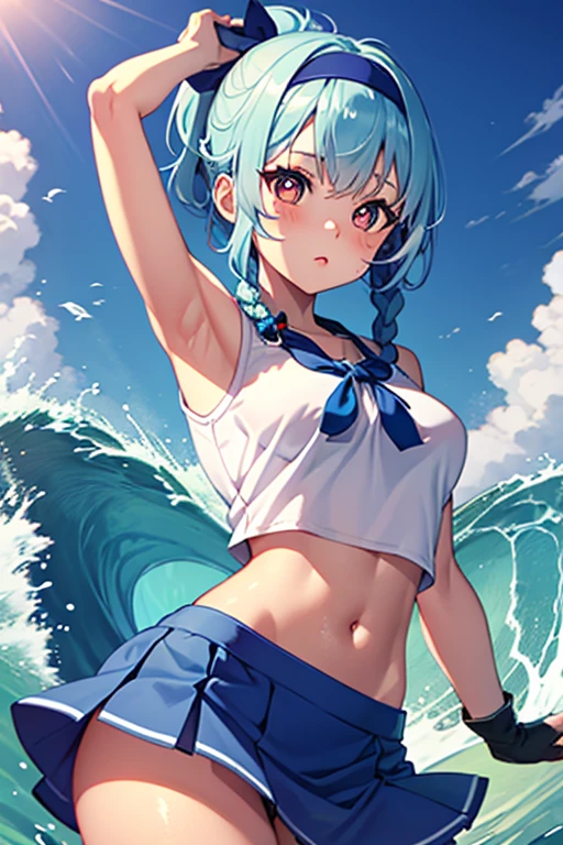 Best Image Quality, 8 k, high quality, masterpiece:1.2), ((masterpiece)), (high detail, high quality, Best Image Quality), solo, 1 girl, Konosuba ,aqua, detailed face, A smirk on his face, looks at the viewer, detailed clothing, detailed fabric, Hair rings, bikini, былые bikini, thong, bare shoulders, bare hands, bare thighs, big breasts, middle thighs, beach, Sea, beachный зонтик, hands to the sides