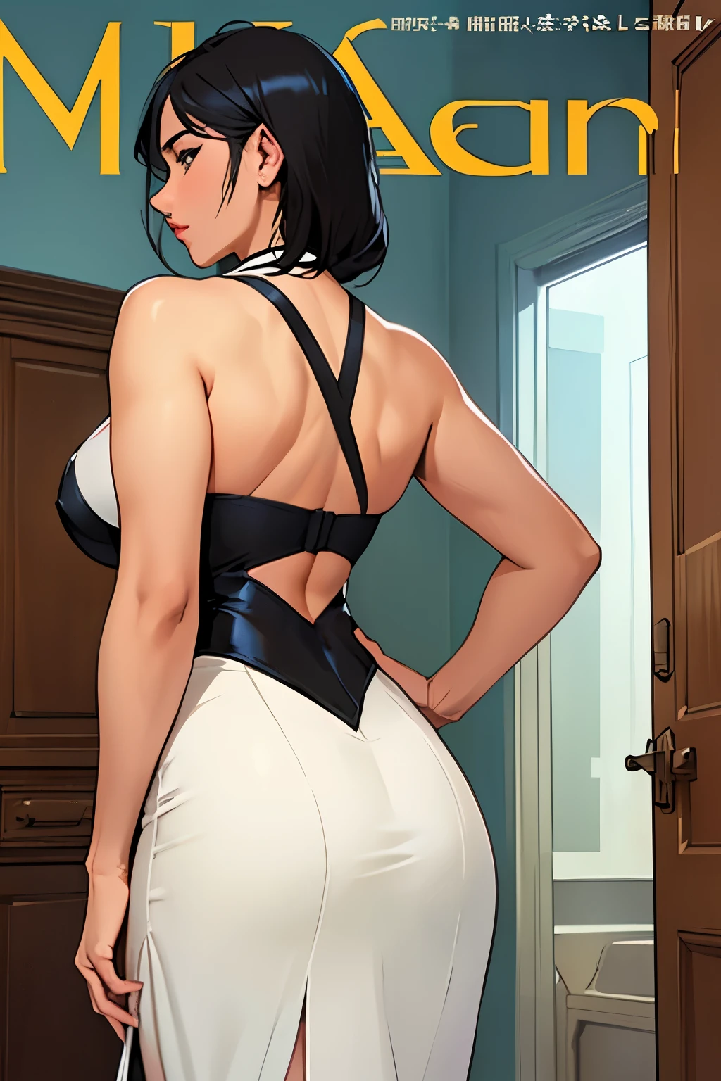 In an dimly lit, exclusive restaurant, an impeccably beautiful woman with a perfect figure wears a tight-fitting dress that exposes her short skirt and open white blouse. As she leans on the table, Batman approaches from behind, his expression unreadable. The woman's back is arched, and her long, flowing hair cascades down her shoulders as she looks over her shoulder with a mix of surprise and desire. Batman, his identity hidden, lowers her thong, and the scene unfolds with an intimacy that is NSFW. The image, though adult in nature, is rendered with a high level of detail and sophistication, capturing each curve and line with