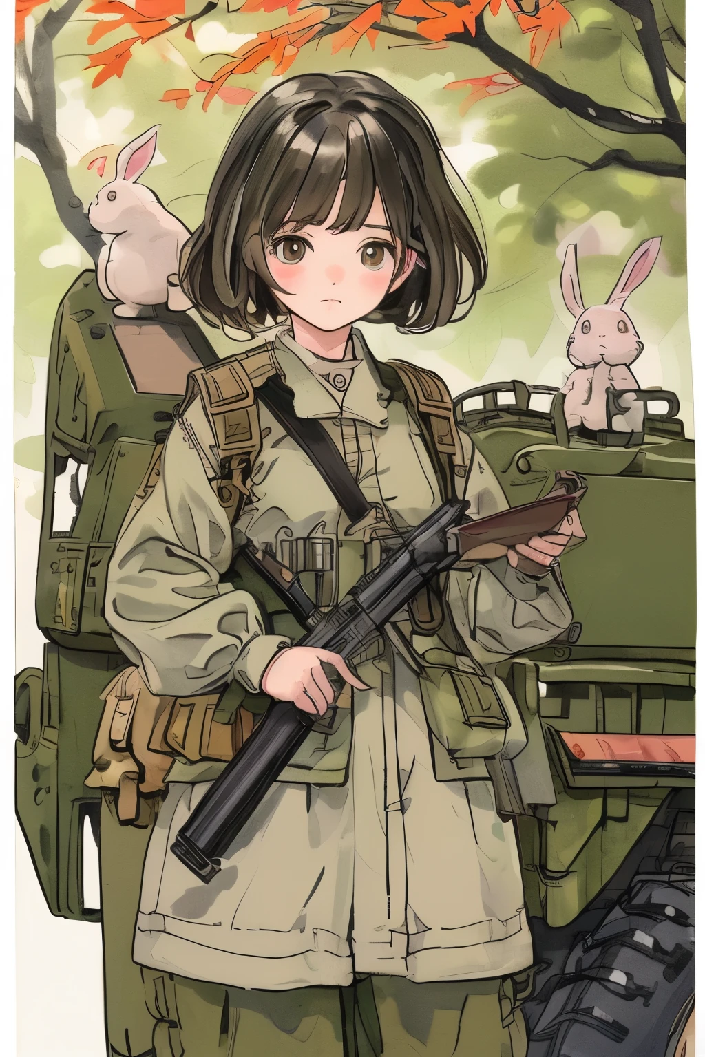 pastel painting、A girl soldier is leaning on a caterpillar in a tank、reading a book.、 next to her , A white rabbit is reading a book with a girl , .、 short brown haired girl 、 、I'm wearing long pants and brown leather combat boots、 a girl is carrying a rifle on her shoulders 、 reading with both hands 、a gentle expression、 rabbits are cute and hairy 、many military vehicles are lined up around the girl.、Surrounding trees々,The color reminds me of fall leaves .、masterpiece, Best Quality, high resolution, details, Extremely detailed design, masterpiece, Best Quality, high resolution, details design,