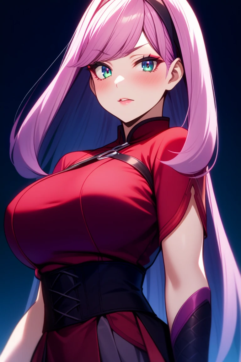 (8k, RAW photos, top quality, masterpiece: 1.2), (High Quality), ray tracing, HDR, (High Details), (Face detail), (Shadow Detail), (amplected:2), stylized blush, 3d, 3d renderpov, masterpiece, best quality, high quality, highres, 4K, smile, lip gloss, makeup, beautiful eyes, woman, detailed, cleavage, thick thighs, 1girl, solo, masterpiece, best quality, high quality, highres, 4K, Nikusa, colored inner hair, pink colored inner hair, red eyes, white hair, huge breasts, alluring pose, provocative, teasing, curves, smooth skin, high-res details, perfect symmetry, intimate atmosphere, elegant composition, artful, tasteful, sophisticated, intimate portrait, desirable, feminine allure, irresistible, captivating, confident, empowering.