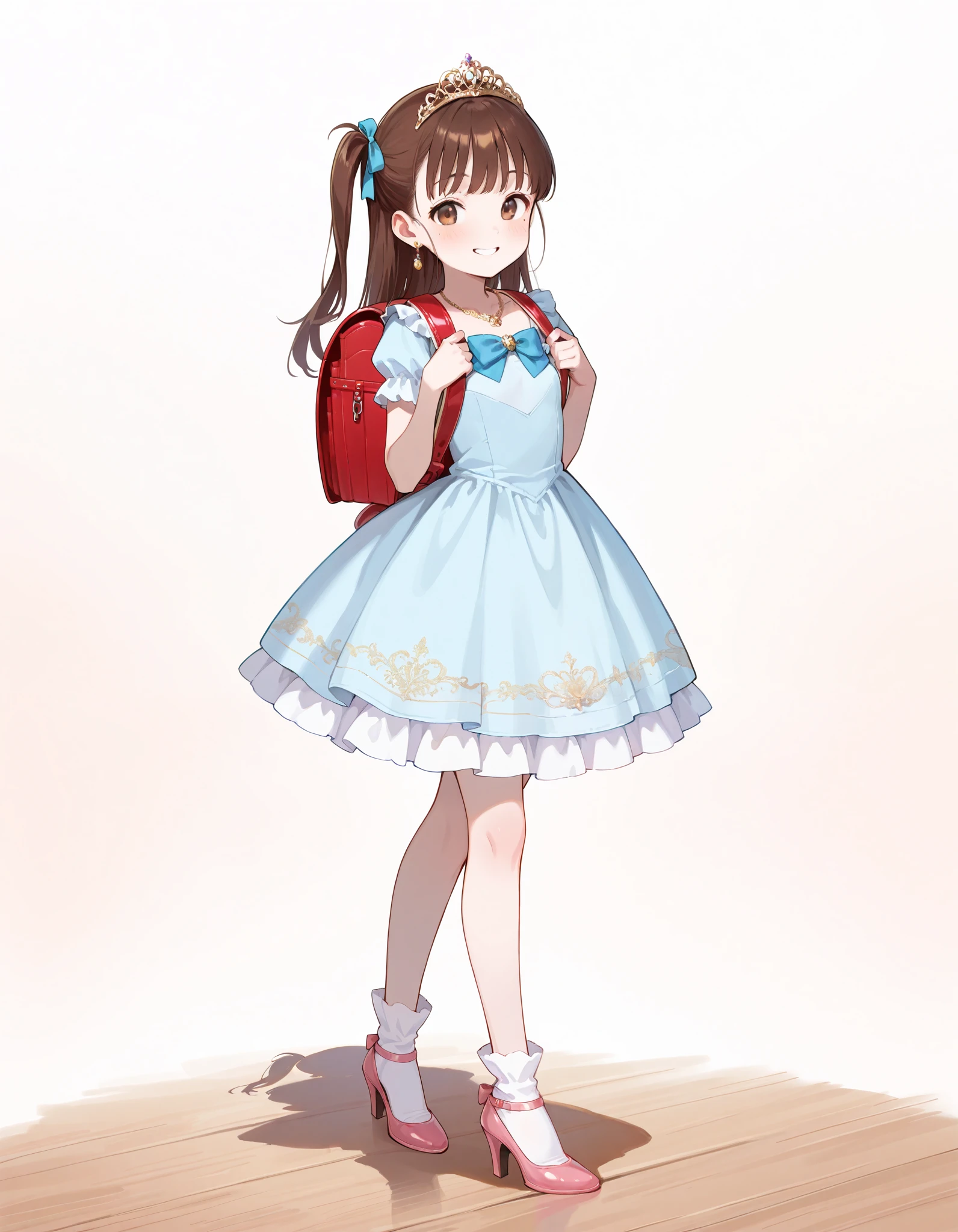 Hd, (littlegirl:1.2) (slender body) (thin body), smile, happy, masterpiece, best quality, highres,2d, anime, 1girl, long hair, one side up, solo, ponytail, brown hair, long hair, hair ribbon, brown eyes, mole under eye, cowboy shot,princess dress, princess Costume, colorful princess dress, wearing Tiara, luxury dress,bowtie, smile, frilled dress, tiara, necklace, earrings, luxury jewelry, wearing randoseru backpack, red backpack, flat breasts, (white skin) happy and confident expression. full body, (ch1ldren playing), short girl, cute girl, (loli:1.2), (ch1ldren:1.2), long straight hair, thin legs, flat chest, flat breasts. (happy, smile, cheerful), Standing, frilly dress, white socks, pink shoes, high heels, bowtie