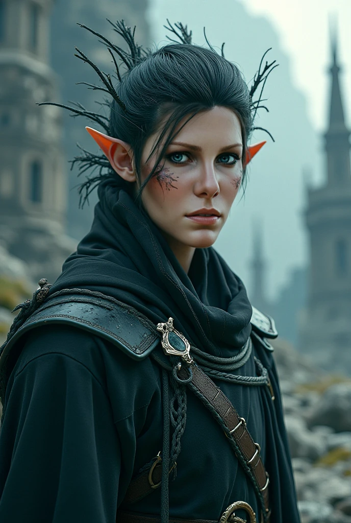 Imagine an adult tiefling warrior with tan skin, with a warm, metallic tone that glows softly in the sunlight, highlighting its infernal heritage with a distinctive elegance. Your eyes are a light blue, with vertical pupils reminiscent of a feline, observing the world around with a mixture of sagacity and prudence.
Your hair is thick, wavy, and a shiny black, cut in a practical way. On the sides of the head, the hair is shorter, highlighting the slender, curved horns that rise gently backwards, polished and of a color similar to ebony. The contrast between the dark horns and the tanned skin creates an imposing and fascinating image..
His face is angular, with a strong jaw and thin lips, displaying an expression of firm determination. The eyebrows are well defined, further accentuating his piercing eyes. Small details adorn your appearance: a simple silver earring in one ear and a thin scar that cuts across his left eyebrow, Memory of a Past Battle.
He wears light armor, but robust, made of darkened leather and reinforced with dark, weathered metal plates. The armor is fitted to your athletic body, allowing you to move with agility and precision on the battlefield. A long cloak, of a resistant and dark fabric, with a deep red lining, complements your look, protecting it from the elements and increasing its intimidating presence.
Your tail, muscular and agile, ends in a sharp point, balancing his posture as he moves with controlled grace. This tiefling warrior is the embodiment of strength and strategy., with an appearance that reflects both the nobility and ferocity of his spirit.