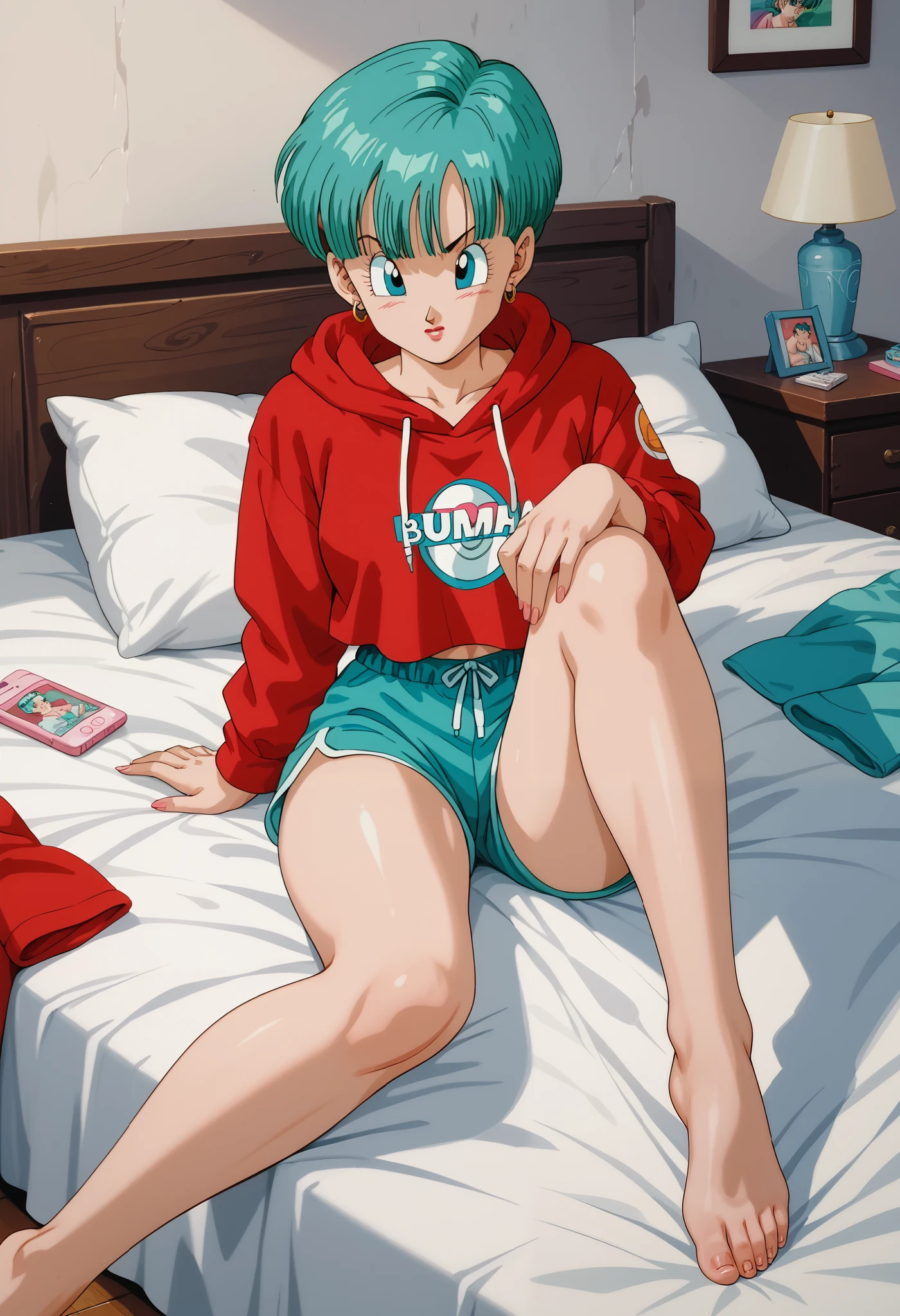 Bulma sensual, in bed at dawn, full body, shorts de pijama sexy, sweatshirt pajamas, Ideal female body, ultra detailed, retro art
